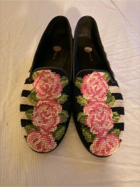 By Paige Needlepoint Rose Striped Slip-On Loafers in Black and Pink